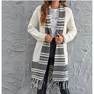 H&M Bohemian fringe duster/cardigan black and white Medium